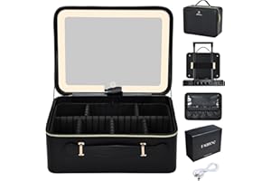 Faquenc 11.4 Inch Extra Large Makeup Bag with LED Lighted Mirror Leather Cosmetic Train Case Light up Mirror Portable Makeup Artist Storage Bag with Dividers Makeup Brush Holder Present Box Black