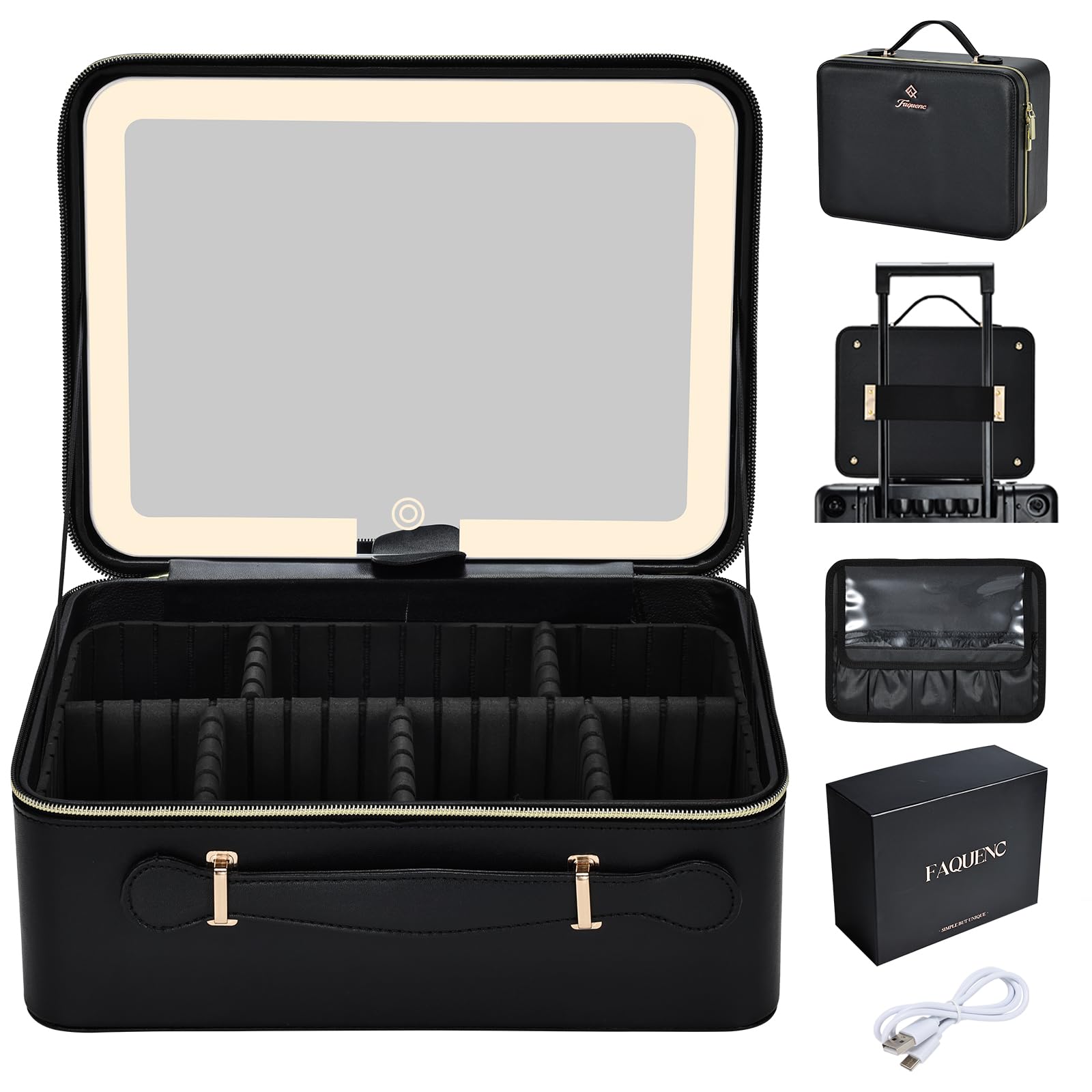 Photo 1 of Faquenc 11.4 Inch Extra Large Makeup Bag with LED Lighted Mirror Leather Cosmetic Train Case Light up Mirror Portable Makeup Artist Storage Bag with Dividers Makeup Brush Holder Vanity Black