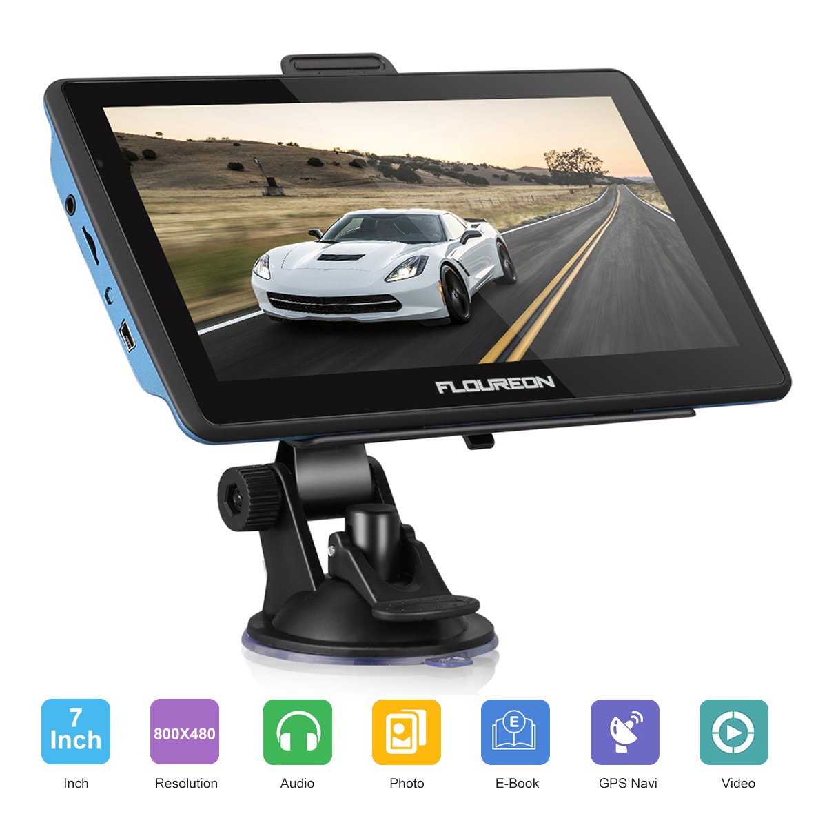 FLOUREON Pantalla táctil LCD capacitiva de 7 Pulgadas de navegación GPS de Coches Navegador de camión y Coche con actualizaciones de mapas de por Vida- Azul