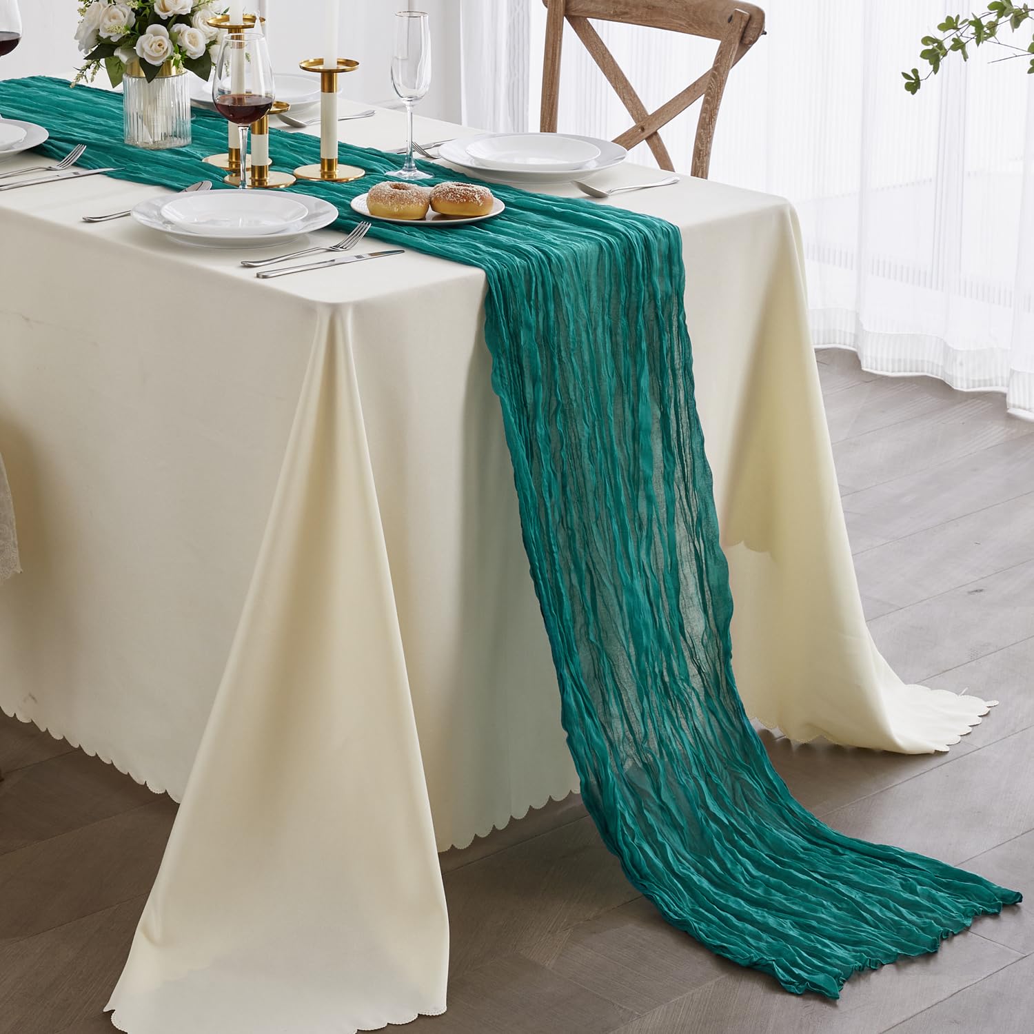 Photo 1 of Nialnant Teal Table Runner for Party, Teal Blue Cheese Cloth Table Runner 10 Ft Dark Teal Rustic Table Runners for Bridal Baby Shower Birthday Party Table Decorations