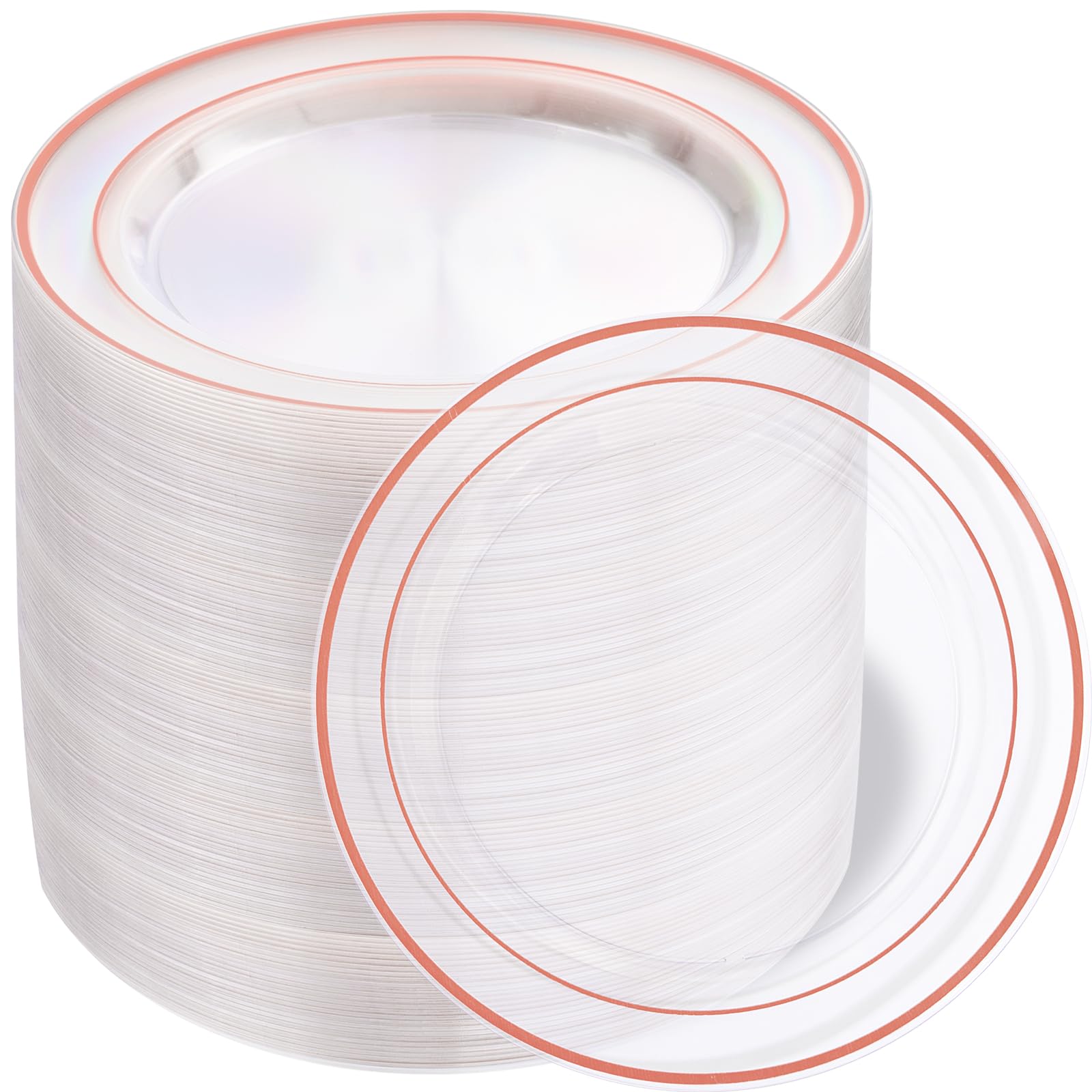 Photo 1 of (small cake plates) bUCLA 100PCS Clear Rose Gold Plastic Plates Disposable - Heavy Duty 6.25 Inch Clear Plastic Dessert Plates with Rose Gold Trim - Ideal for Party, Wedding & Mother’s Day