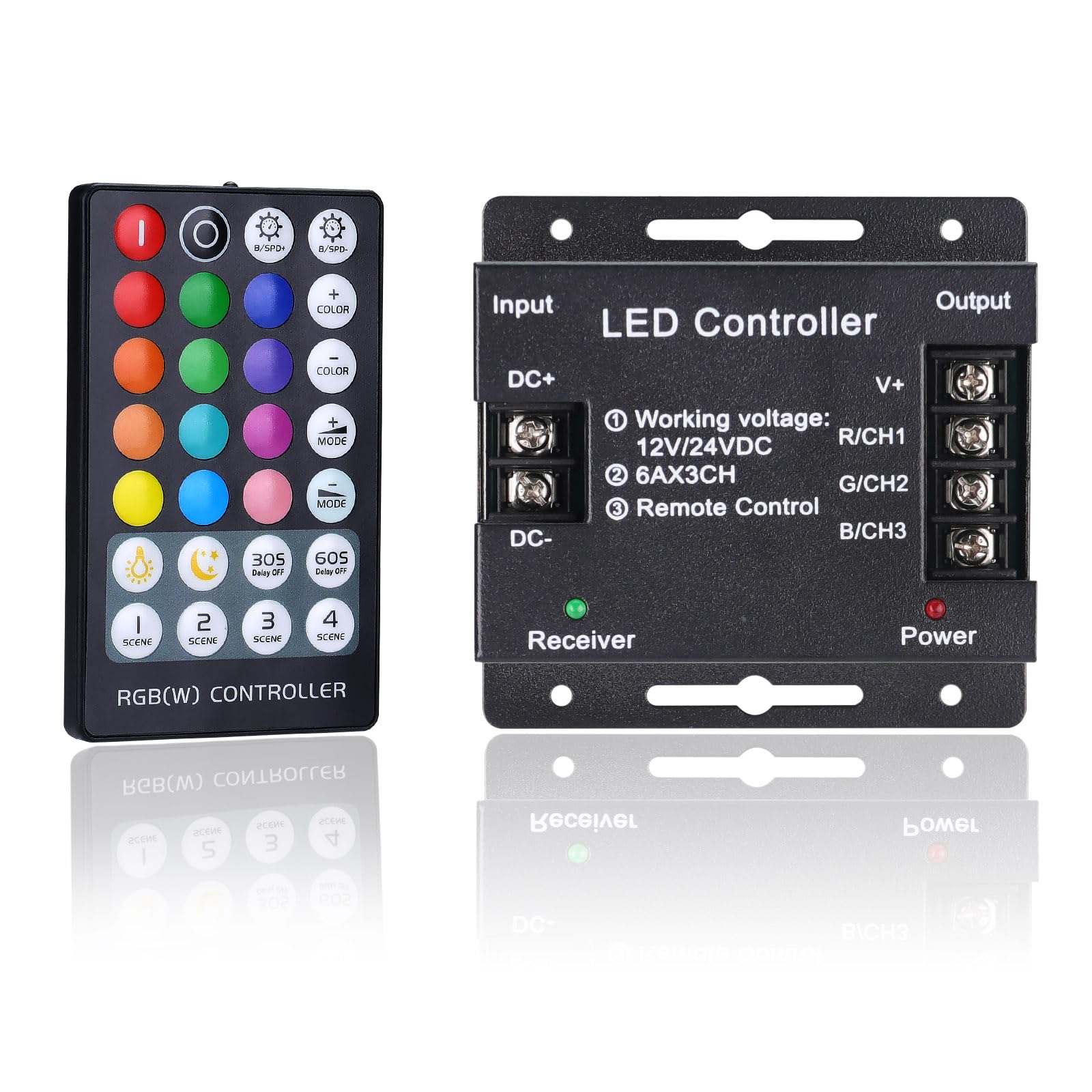 GOMING DC 12V-24V 18A RGB Controller LED Strip Lights Dimmer Controller RF Remote Controller 28 Keys Wireless Control Suitable for RGB LED Strip Lights — image 1