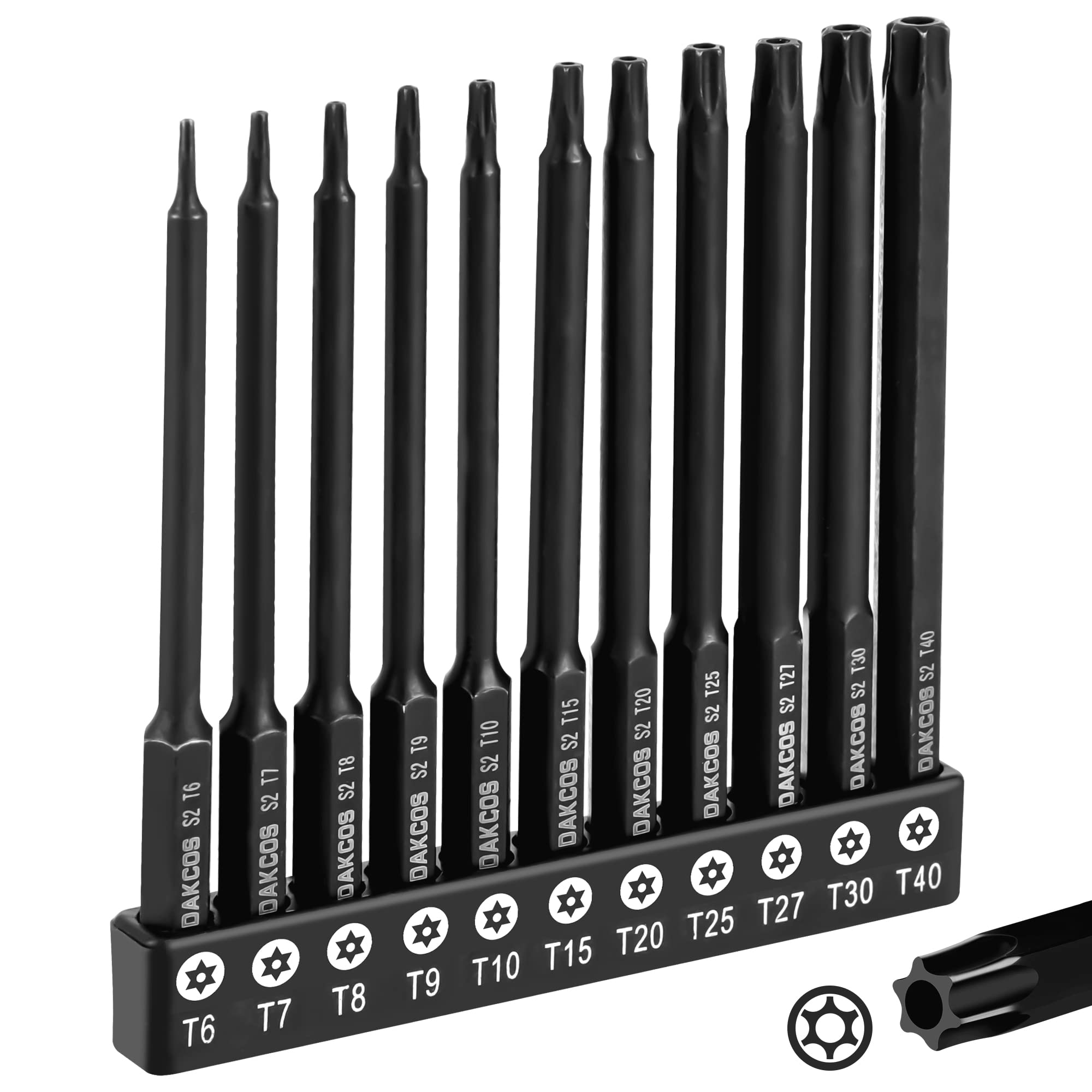 DAKCOS T6 - T40 Tamper Proof Torx Bit Set, 11-Piece Security Star Bits, 100mm Long, Premium S2 Alloy Steel — image 1