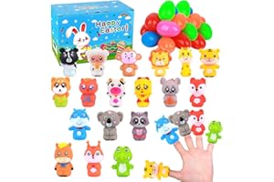 ANYIDEA Easter Basket Stuffers Finger Puppets - 18 Packs Plastic Easter Eggs with Toys Inside, Rubber Finger Puppets Animals Easter Egg Fillers, Easter Gifts for Kids Teens Boys Girls, Enjoy Egg Hunt
