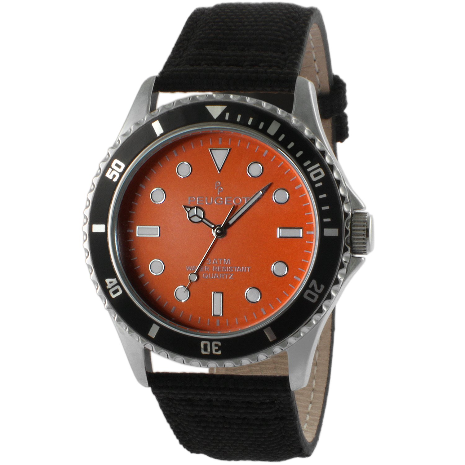Peugeot Reloj analógico de cuarzo con correa de lona y bisel deportivo audaz de 42 mm para hombre