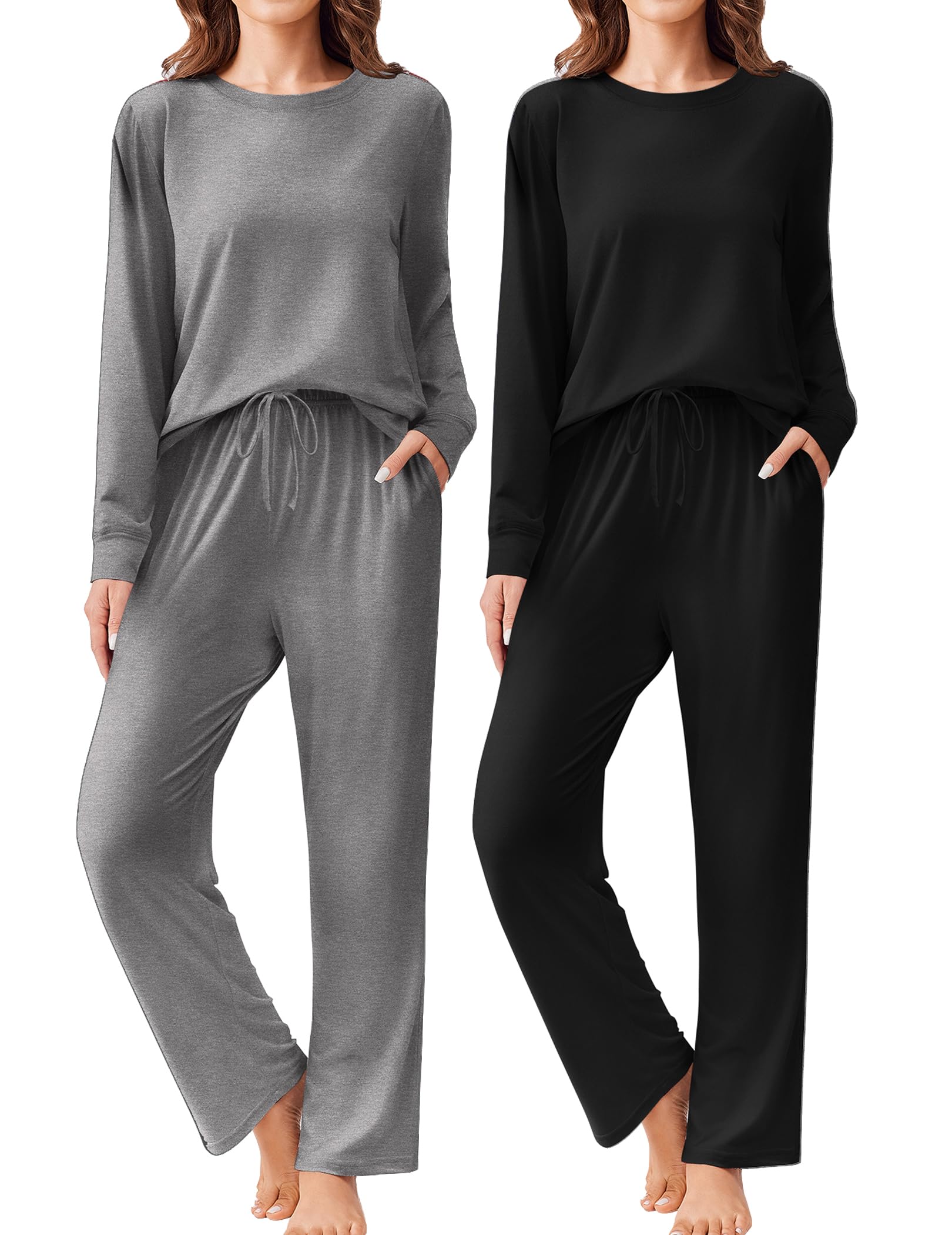 Ekouaer 2 Pack Women Pajama Long Sleeve Sleepwear Soft Loungewear Pjs Sets with Pockets S-XXL Black/Grey XX-Large Image