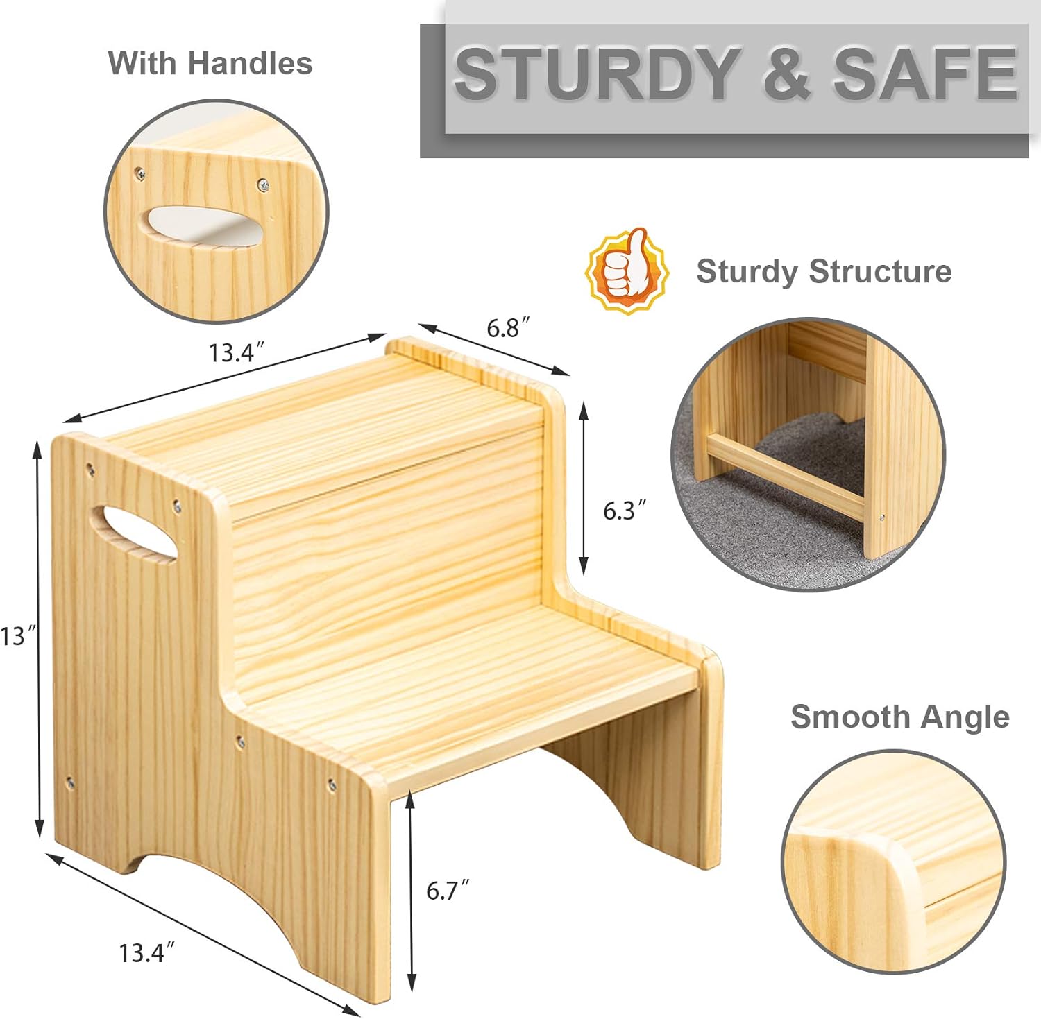 WOOD CITY Toddler Step Stool for Kids, Wooden Two Step Children's Stool with Handles, Bonus Non-Slip Pads for Safety, Bathroom Potty Stool & Kitchen Step Stools, Pine Wood: Furniture & Decor