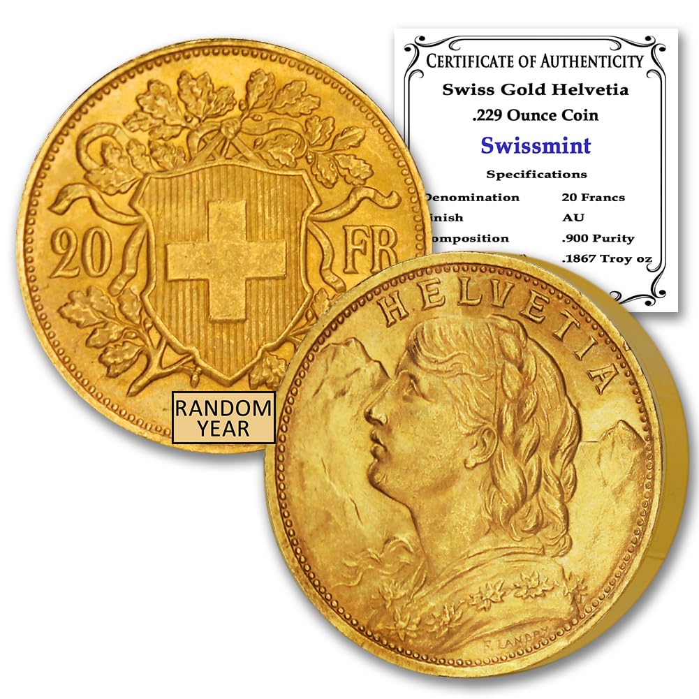 1897-1935 (Random Year) CH Swiss Gold Helvetia Coin Brilliant Uncirculated with Certificate of Authenticity 20 Francs BU