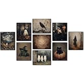 DTORCH Vintage Halloween Wall Art Set of 9, Gothic Ghost and Witchy Frog Picture Wall Decor, Dark Academia Black Cat Pumpkin Canvas Prints, Spooky Retro Poster Paintings Unframed 8x10 Inches