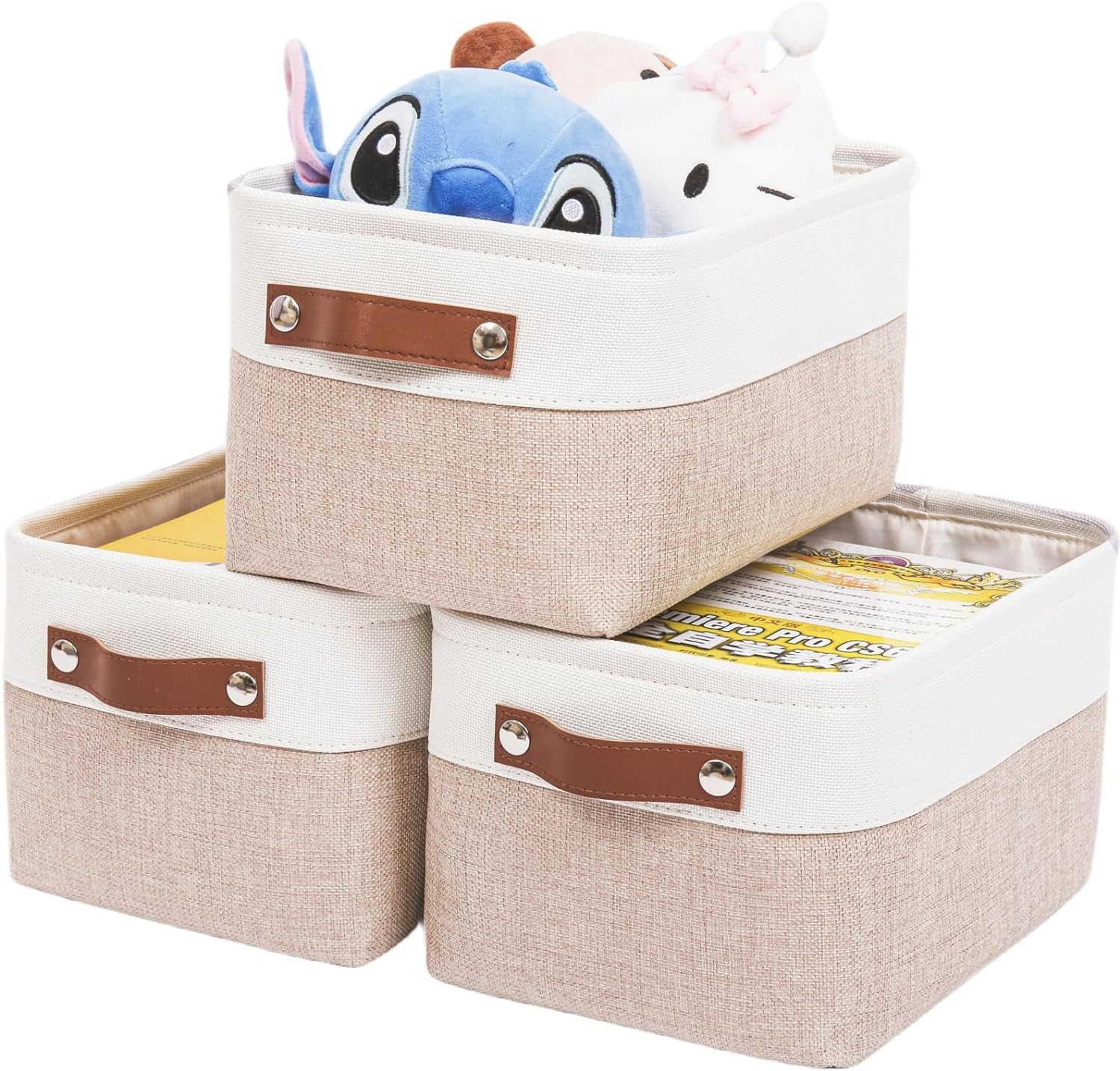 Mangata Fabric Storage Boxes,[3 Pack] Storage Basket with Handles for underwear, sock, towel (Small, Light Khaki/White)