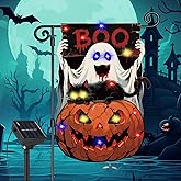 Coneatness Light Up Halloween Garden Flag Solar Powered 12x18 Inch, LED Spooky Ghost Pumpkin Black Cat Decorations, Outdoor Decorative Flag Double Sided, Yard Lawn Décor Outside