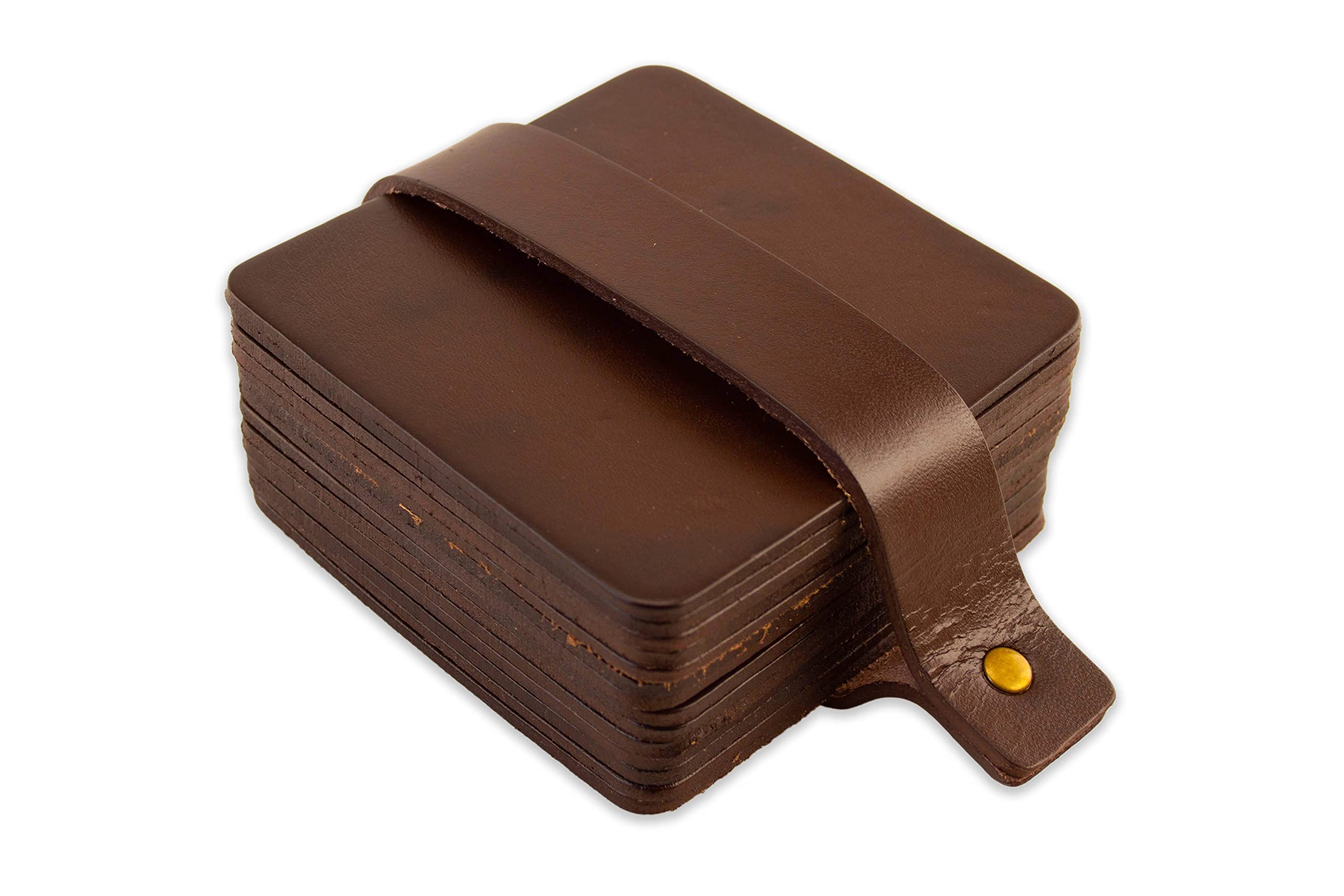 Brute Strength - Full grain leather coasters - Brown - Square - 14 pcs - Square coaster for glass - Coasters for drinks - includes holder