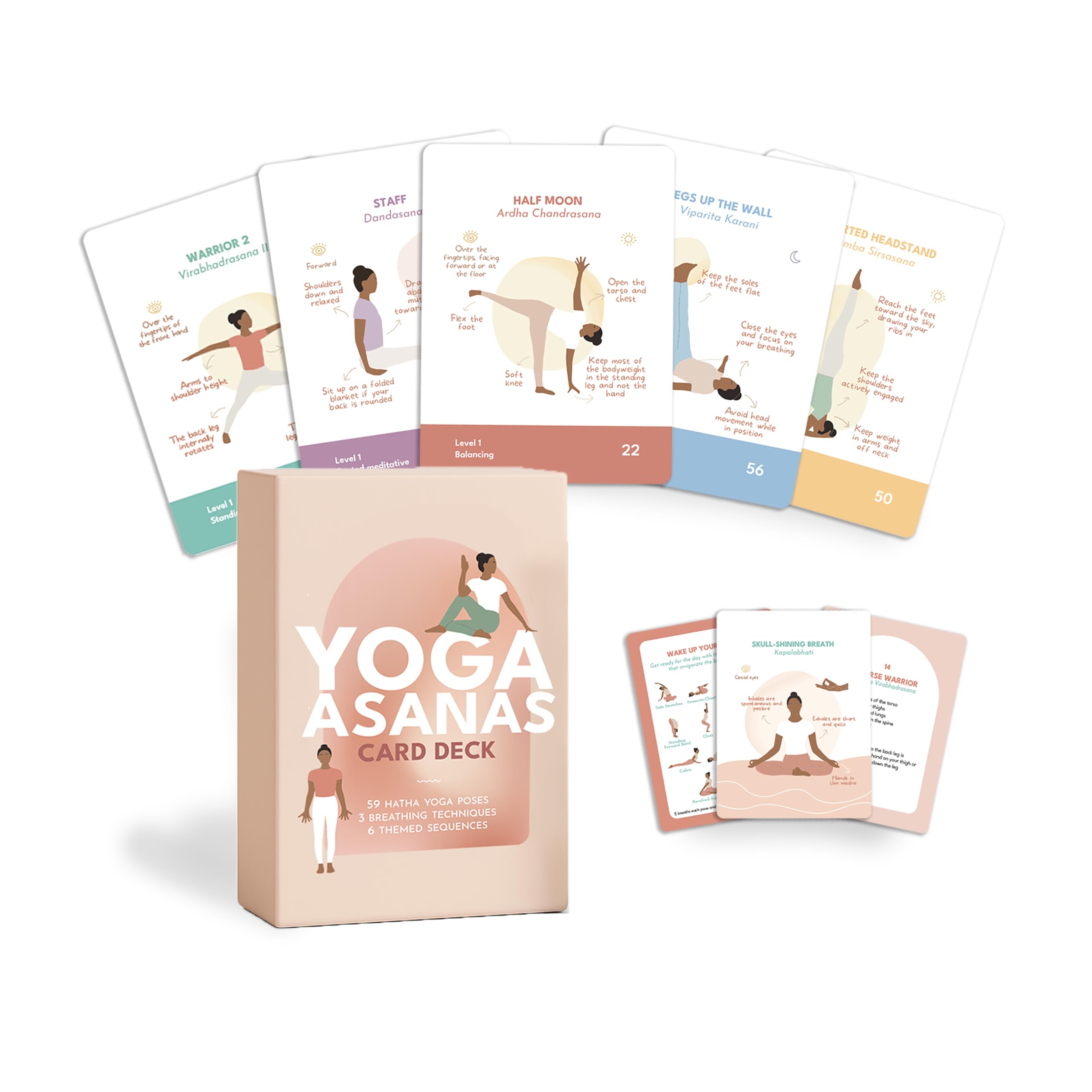 Yoga Asanas Card Deck – 70 Premium Illustrated cards with Hatha Yoga Poses + Sequences & Pranayama. With Benefits and Teaching Cues – Flash Cards for Beginners, Teachers & Home Practice