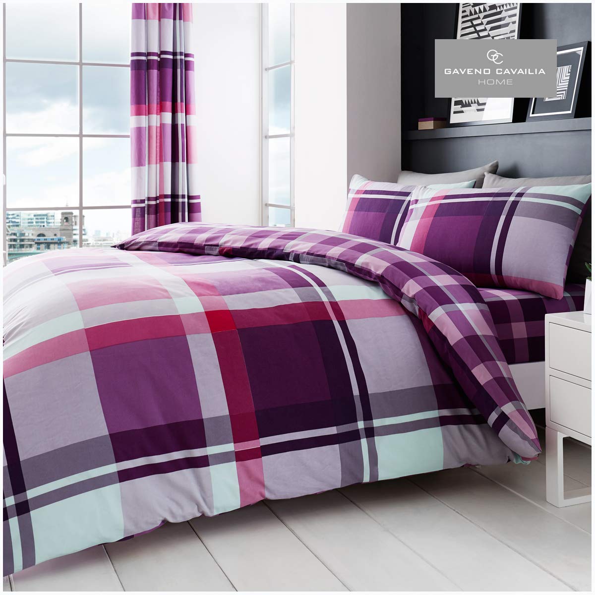 GC GAVENO CAVAILIA Gaveno Cavailia Waverly Check King Duvet Set Purple Reversible Easy Care Cotton Blend 3 Piece Bedding | 1 Quilt Cover + 2 Pillow Cases | Button Closure | Machine Washable