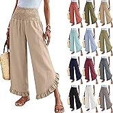 Slakkenreis Women Linen Pants Summer Wide Leg Pants Dressy Smocked Waist Ruffle Hem Dress Pant Vacation Boho Flowy Beach Pant