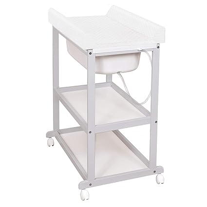 Wickeltisch mit Badewanne mit Oekotest, Holz Bade-Wickelkombination mit Bezug, Wickelauflage Set für Babys - Caro Weiß