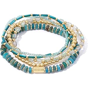 KissYan Stackable Beaded Bracelets for Women, 14K Boho Gold Plated Natural Stone Crystal Shell Stretch Layered Bracelet Set,