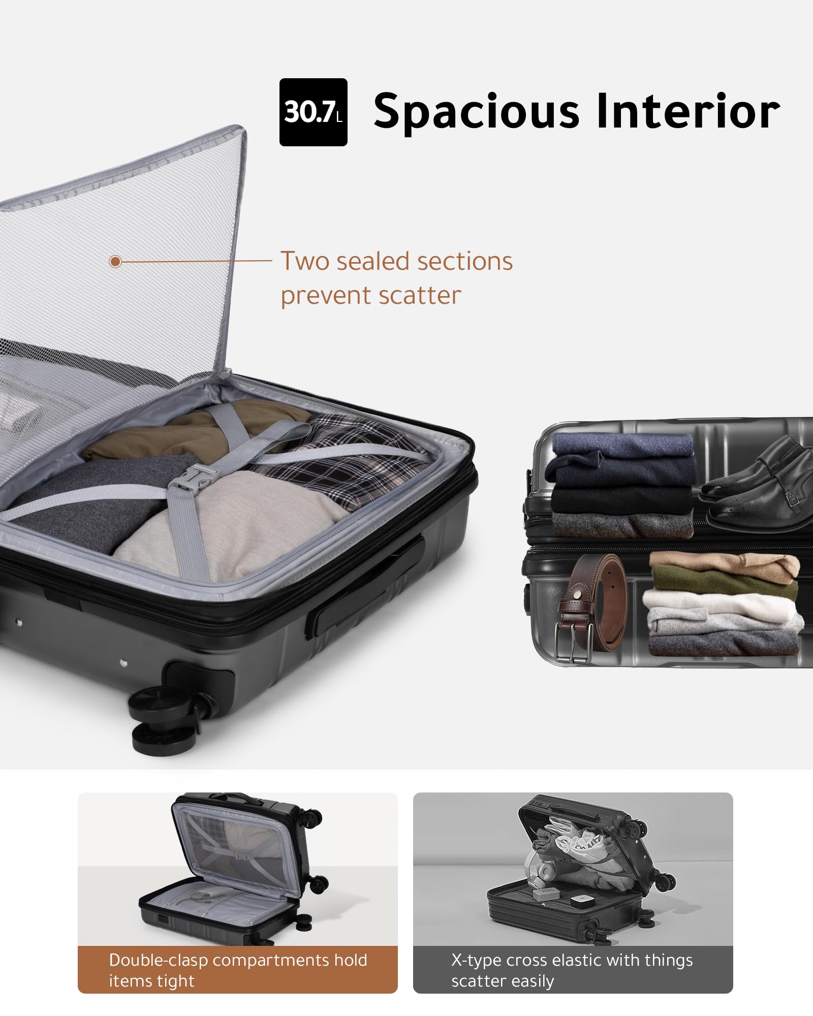 LUGGEX Carry on Luggage Airline Approved, Polycarbonate Hard Shell Suitcase, Expandable Luggage with Charger Port (Black, 20 Inch, 30.7L)