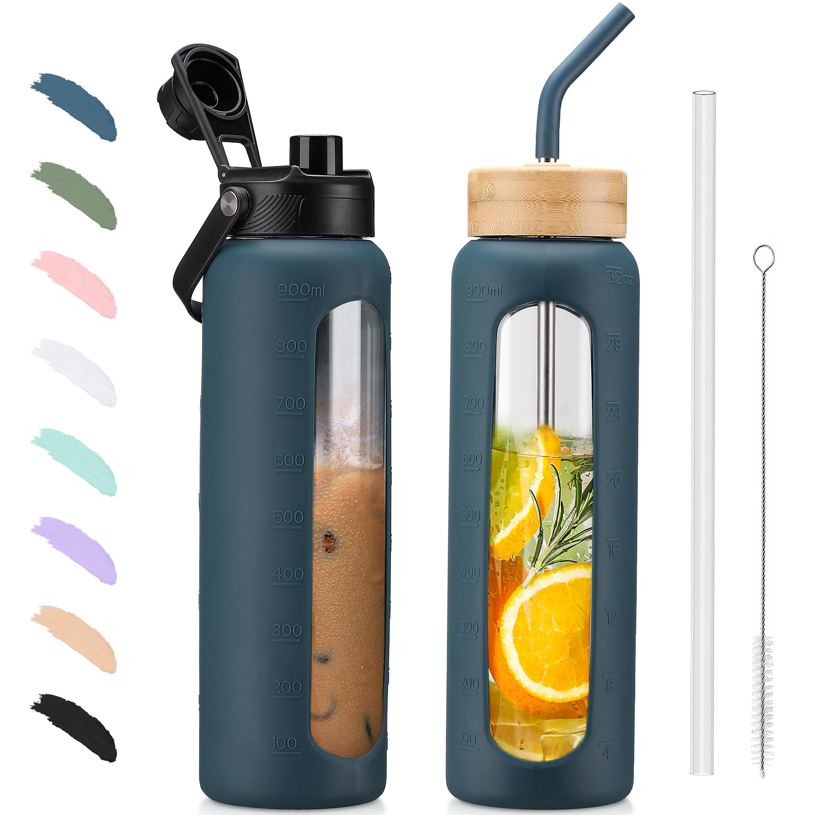 BLUEGO 900ml Glass Water Bottle with Straw and 2 Lids Glass Coffee Cup with Time Marker and Silicone Protector Glass Tumbler for Beverages Soda Cola BPA Free, Dark Blue