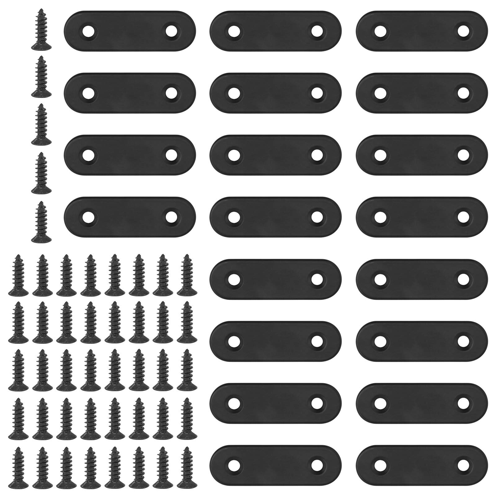 Glarks 20 Sets 50mm Flat Straight Corner Brace Black Metal Joint Plate Connector Repair Fixing Bracket with 45Pcs Screws for Wood Furniture (50x2mm)