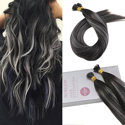Moresoo 20 Pulgadas Ombre I Tip Human Hair Extensiones Cabello Natural Humanas 50g Negro Natural 1b A Gris Plateado Balayage Brasilian Remy
