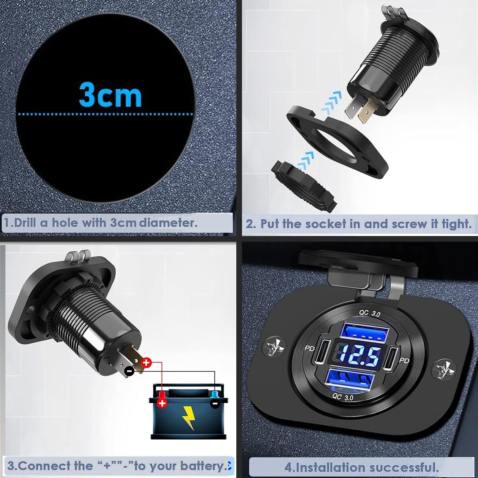 VANONE Dual USB Quick Charge 3.0 Port & Dual PD USB C Ports Car Charger Socket, 12V USB Outlet with Voltmeter and Power Switch for Car Boat Marine Truck