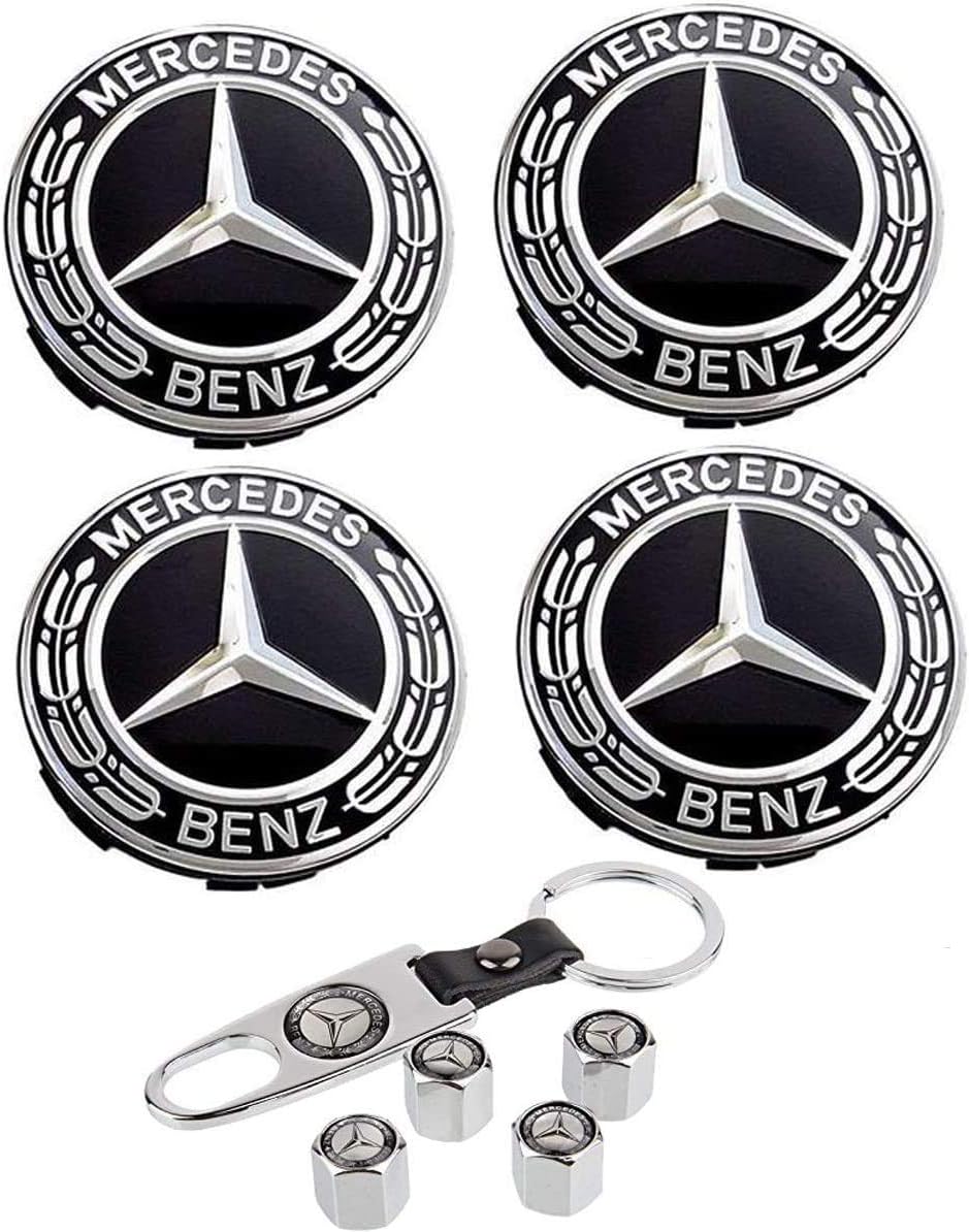 Aswelly Wheel Center Hub Caps Emblem Fit for Benz, 4PCS 75mm/2.95" Rim Hub Cover Logo + Set of 4 Tire Valve Covers Fit for Mercedes Benz