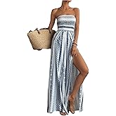 SOLY HUX Women's Boho Printed Tube Top Romper Strapless High Split Wide Leg Vacation Jumpsuits