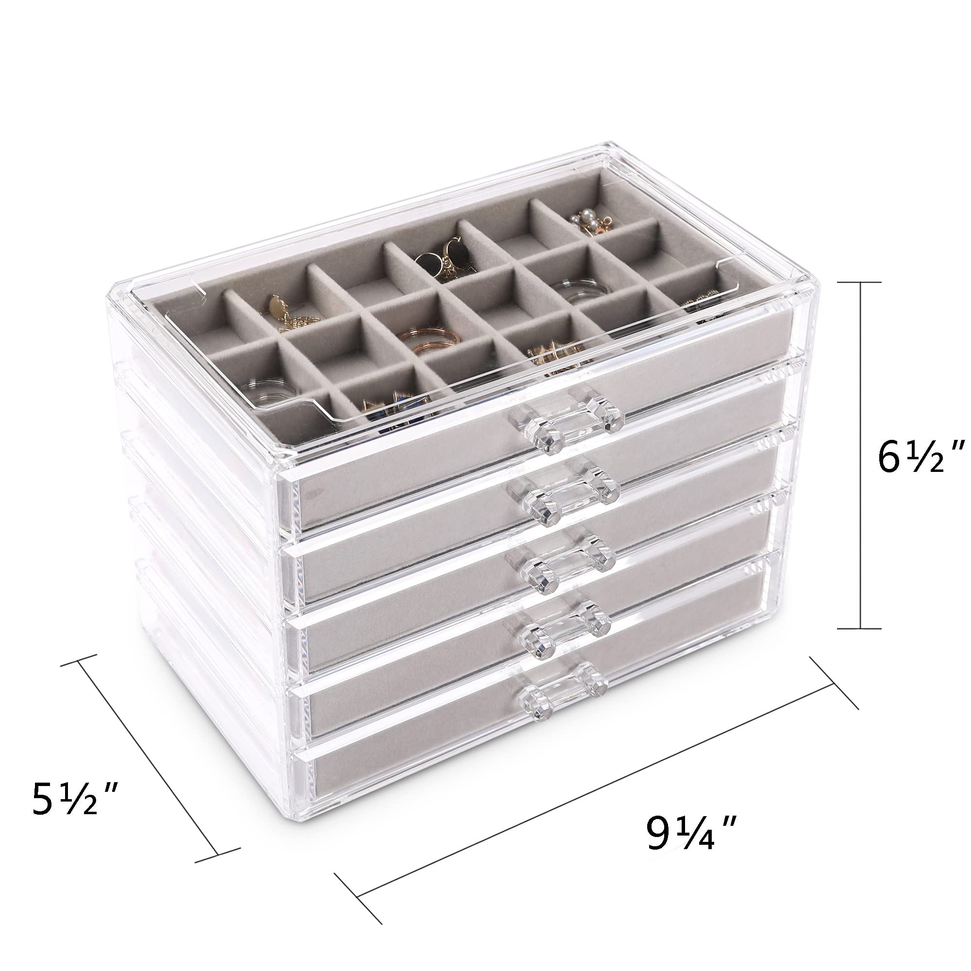Frebeauty Acrylic Jewelry Organizer Earring Organizer Box with 5 Drawers Stackable Earring Holder for Rings, Stud Earrings and Bracelets (Grey)