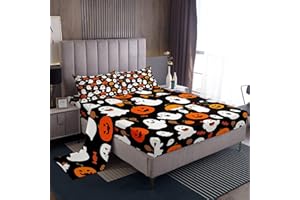 Feelyou Girls Pumpkin Lantern Twin Size Bedding Set Decoration Ghost Spider Sheets Set for Kids Boys Kawaii Halloween Fitted Sheet Black Cute Bed Sheet Set Collection