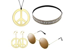 WILLBOND 4 Pcs 70s Accessories Women Hippie Costume Set Hippie Sunglasses, Peace Sign Necklace Earrings, Bohemia Headband 70s Outfits for Carnival Halloween Women 70s 60s Party Accessories