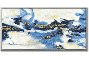 UTOP-artBlue Abstract Canvas Wall Art: Navy Marbled Artwork Painting Large Picture on Canvas for Living Room Decor (48'' x 24'' Framed)