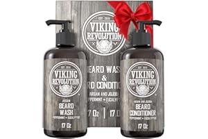 Viking Revolution Beard Wash & Conditioner Set w/Argan & Jojoba Oils – Softens, Smooths & Strengthens Beard Growth - Natural Peppermint and Eucalyptus Scent - Shampoo (17 oz)