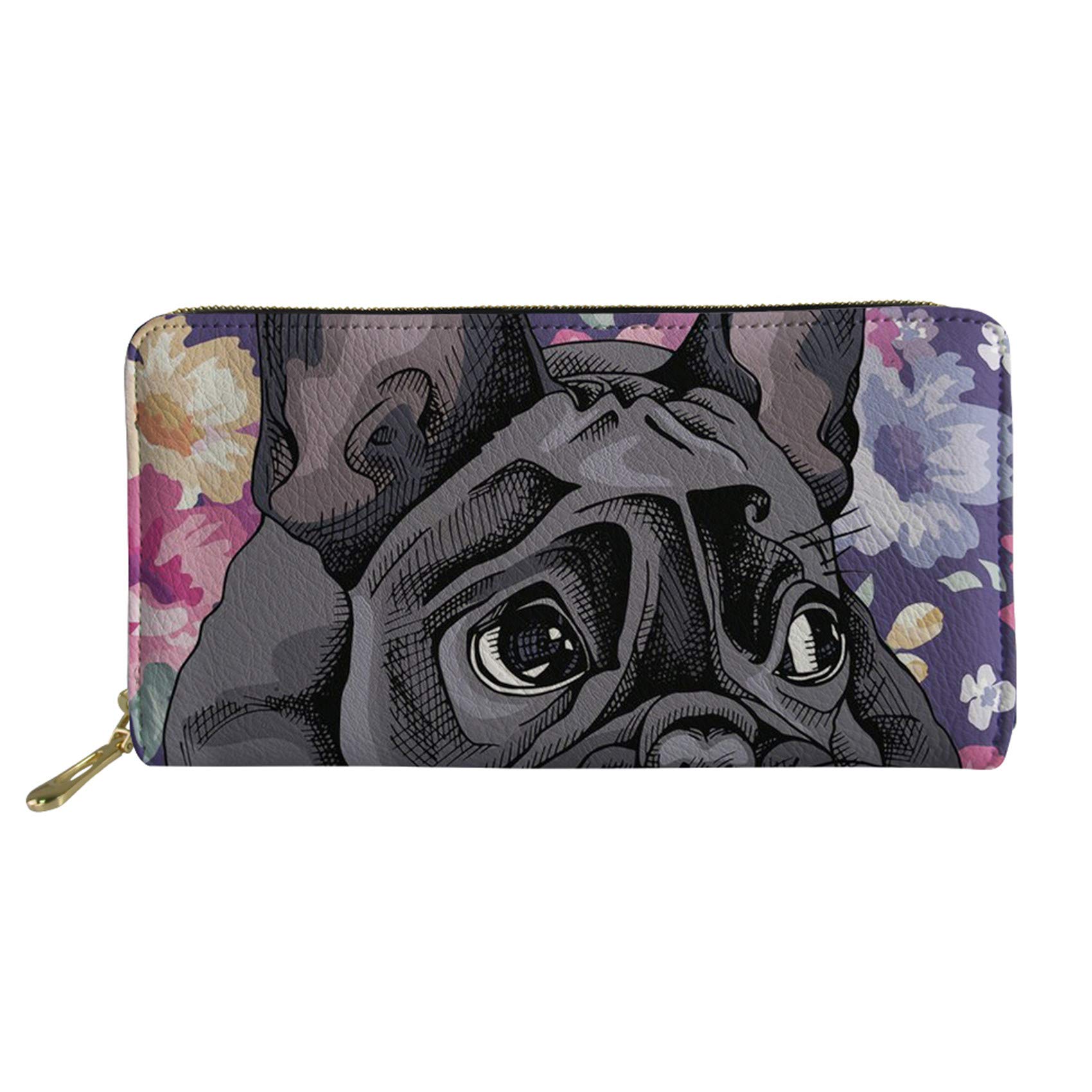 HUGS IDEA Black French Bulldog Women's Clutch Wallet Bag Long Leather Wallets Zipper Around Credit Card Holder