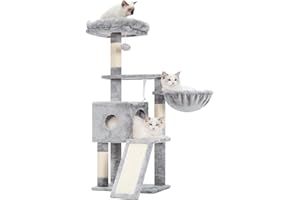 Hey-brother Cat Tree, 42.5-Inches Cat Tower for Indoor Cats, Plush Multi-Level Kitten Cat Condo with Scratching Post,Ramp, Basket, Spacious Cat Cave, Hanging Ball, Light Gray MPJ007SW