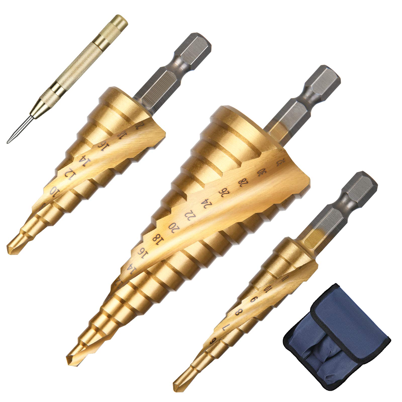 flintronic 3Pcs Spiral Grooved Step Drill Bit Set with 1 Automatic Center Punch, 4mm to 12/20/32 mm (5/32" to 5/4") HSS Titanium Coated, Hex Shank Metric Cut Tool for Wood, Stainless Steel,Metal Sheet