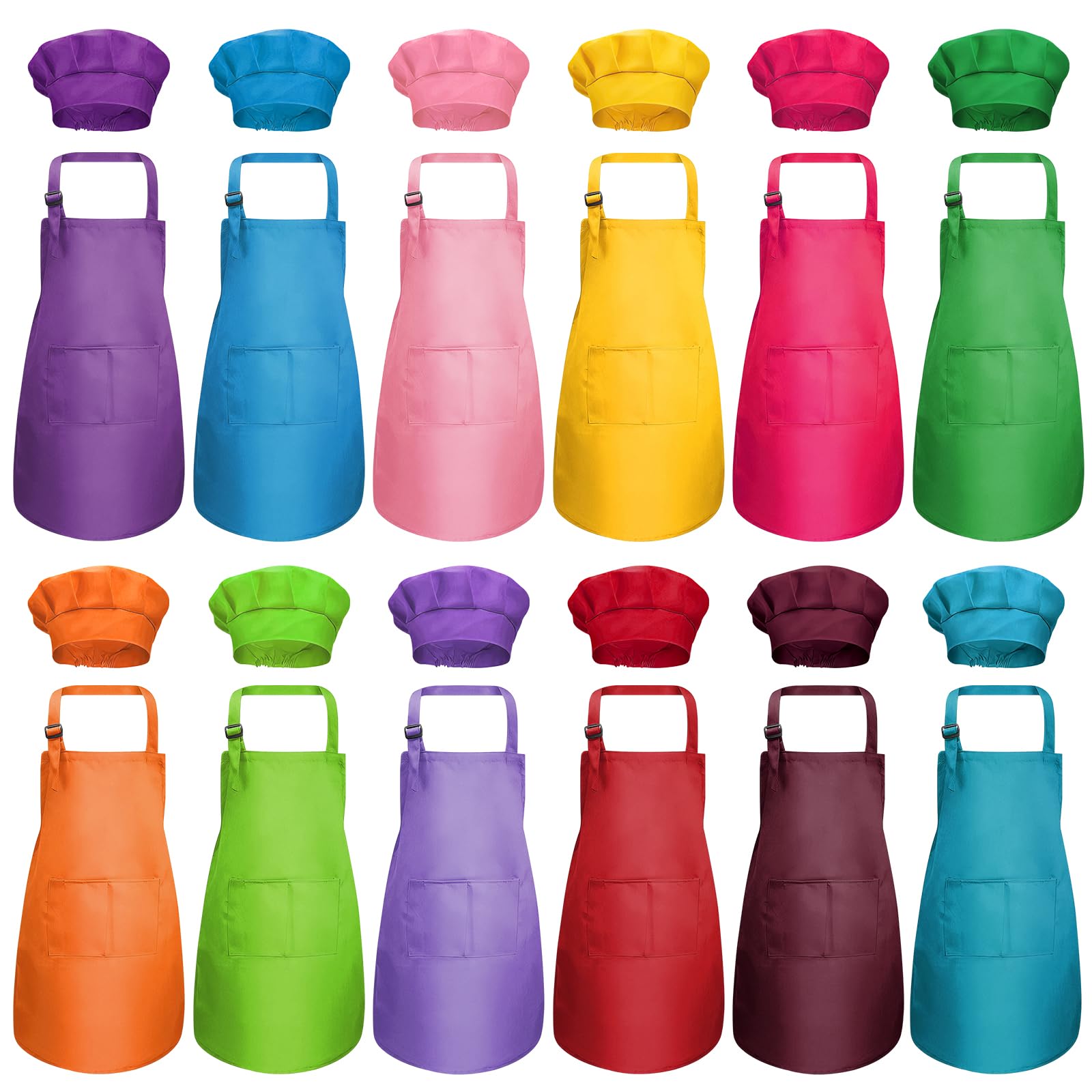 Kaxtde 12 Pack Kids Aprons and Chef Hats Set, Children Cooking Aprons Bulk with 2 Pockets, Reusable Kids Chefs Costumes for Boys Girls Kitchen Cooking Baking Painting (12 Colour)