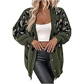 OYOANGLE Women's Cheetah Print Fuzzy Cardigan Sweater Leopard Button Down Draped Sweaters with Pocket
