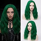 DWMGLP 18" Long Dark Green Curly Wavy Wig For Women Heat Resistant Fiber Wigs Halloween Cosplay Daily Party+Cap (Dark Green)