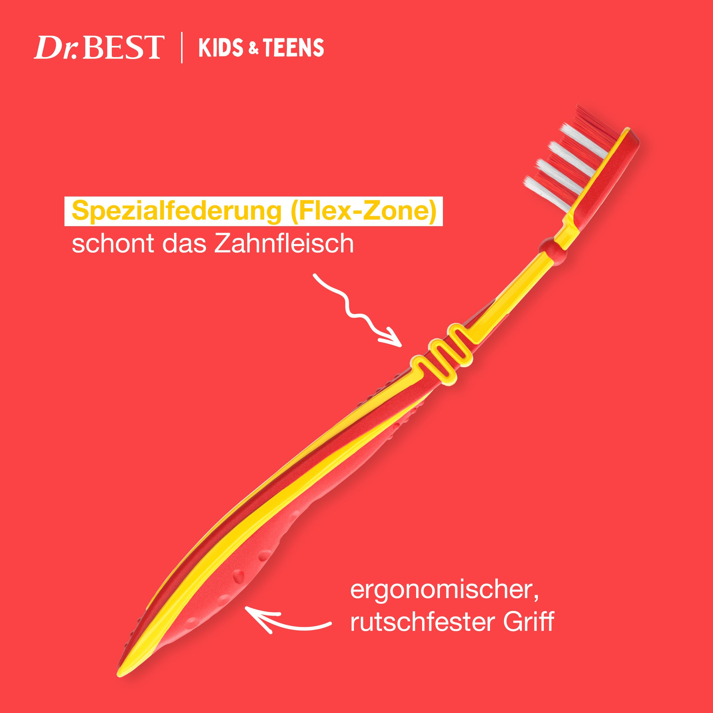 Dr.BEST Kids & Teens Zahnbürste, 6 bis 13 Jahre, Weich, 1 Stück, mit 4 Vorteilen für neue, bleibende Zähne 4