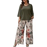 Auciccoo Womens Plus Size Lounge Sets 2 Piece Outfits 3/4 Sleeve Pullover Tops Wide Leg Pants Travel Loungewear