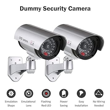 Simxen 2 pcs Dummy Security Camera, Fake Bullet CCTV Surveillance System with Realistic Look Recording LEDs + Bonus Warning Sticker - Indoor/Outdoor Use, for Homes & Business