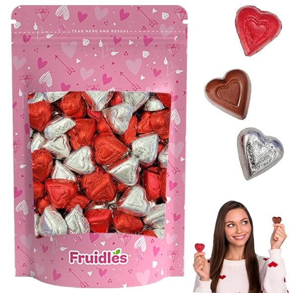 FRUIDLES HAPPY VALENTINE’S DAY MILK CHOCOLATE HEARTS IN BAG, CREAMY CHOCOLATY HEARTS IN RED AND SILVER FOILS, HOLIDAY TREATS, INDIVIDUALLY WRAPPED, KOSHER CERTIFIED DAIRY (HALF-POUND)