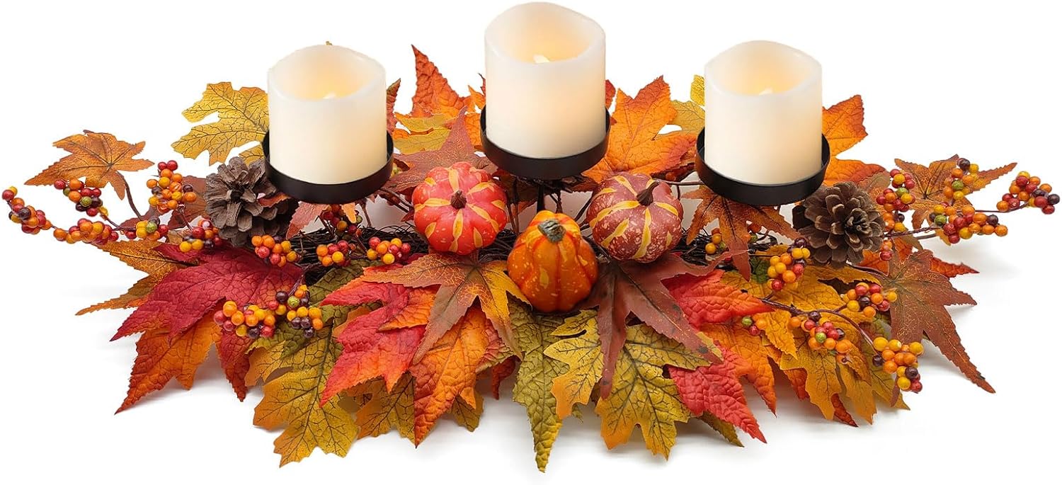 Candles & Holders - Thanksgiving Centerpiece Fall Table Decorations, Artificial Gourd, Pumpkins, Pine Cones, Maple Leaves  and Berries Harvest Table Candle Holder for Dinning Table, Fireplace Mantel (Candle Not Included)