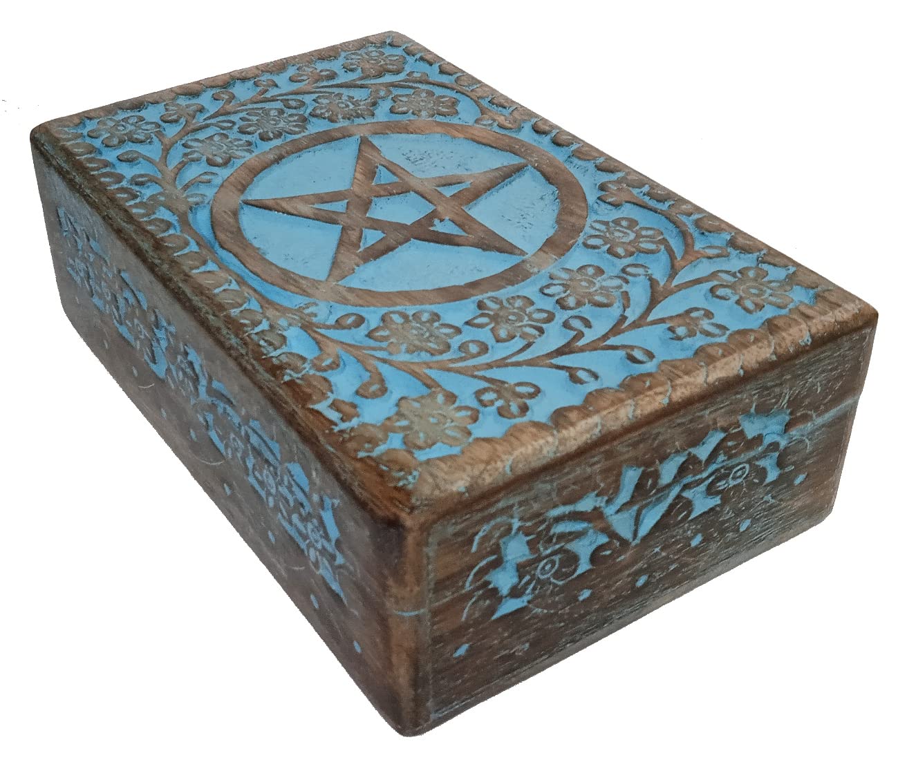 Purpledip Wooden Decorative Box 'North Star': Handcarved Intricate Design, Vintage Blue (12344A)