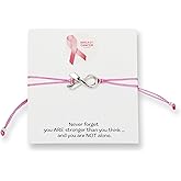 Pink Breast Cancer Awareness Bracelet With Large Sterling Silver Plated Ribbon Shaped Charm and Friendship Support Message Card, Womens Adjustable Pull Thread Cord with Silver Bead Ends