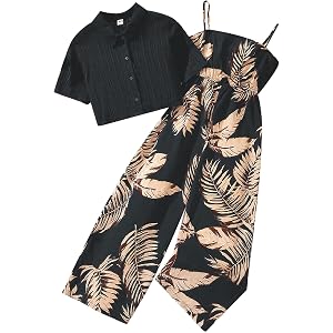 Girls 8-12Y 2 Piece Outfit Tropical Leaf Print Spaghetti Strap Jumpsuit | Button Front Cropped Shirt, Elastic Waist Printed J