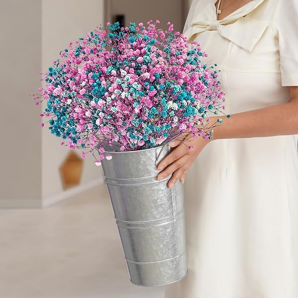 NOTAKIA 8 PCS 12 INCH LARGE GALVANIZED METAL VASES FARMHOUSE FRENCH FLOWER BUCKET VASES FOR CUT FLOWERS FOR HOME DECOR AND WEDDING TABLE CENTERPIECE DECORATIONS (LARGE SILVER)
