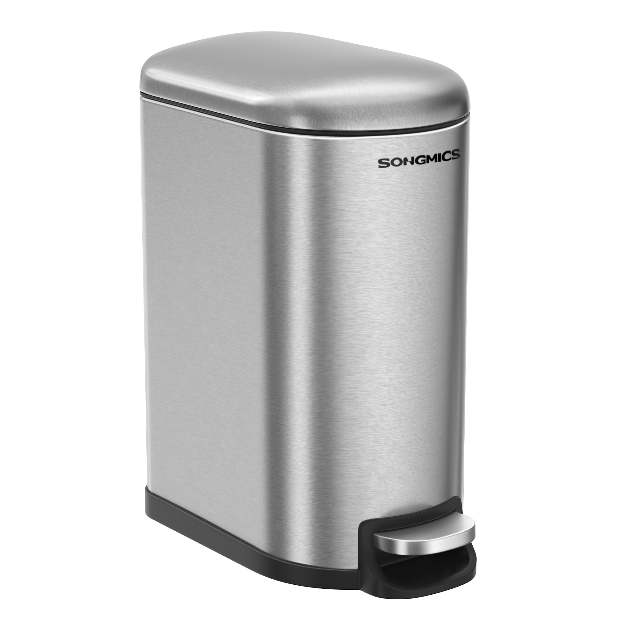 SONGMICS Bathroom Bin, 10L Small Bin with Lid, Pedal Toilet Bin, Slim for Small Spaces, Steel, Soft Close, Metallic Silver LTB10NL