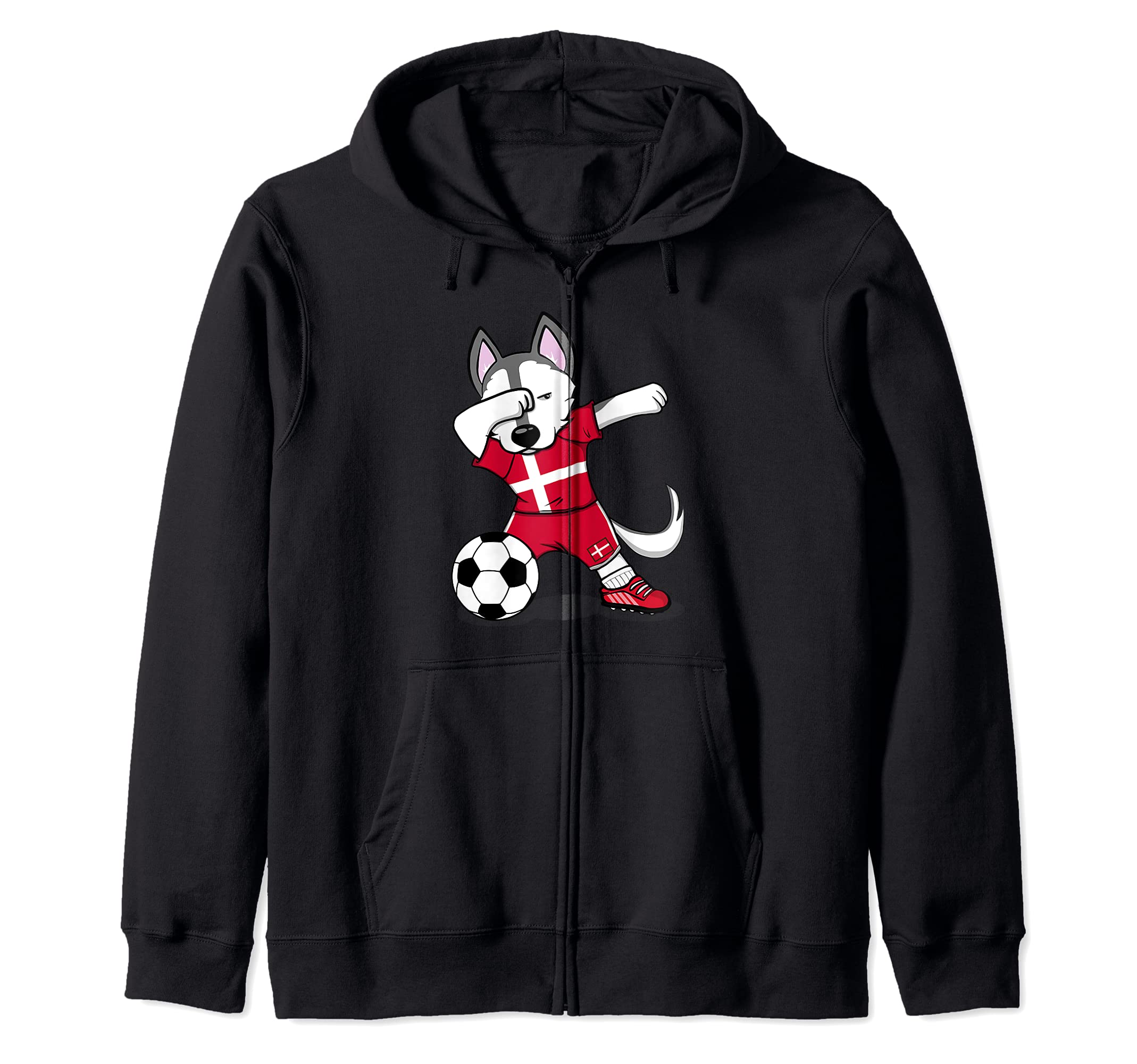 Funny Dabbing Husky Dog Denmark Football Danish Flag Soccer Zip Hoodie